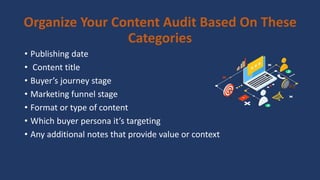 • Publishing date
• Content title
• Buyer’s journey stage
• Marketing funnel stage
• Format or type of content
• Which buyer persona it’s targeting
• Any additional notes that provide value or context
Organize Your Content Audit Based On These
Categories
 