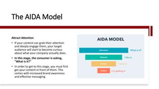 The AIDA Model
Attract Attention
• If your content can grab their attention
and deeply engage them, your target
audience will start to become curious
about what your company actually does.
• In this stage, the consumer is asking,
"What is it?"
• In order to get to this stage, you must first
get your content in front of them. This
comes with increased brand awareness
and effective messaging.
 