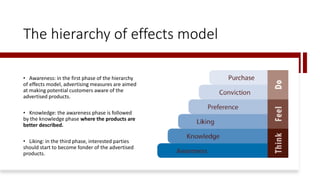 The hierarchy of effects model
• Awareness: in the first phase of the hierarchy
of effects model, advertising measures are aimed
at making potential customers aware of the
advertised products.
• Knowledge: the awareness phase is followed
by the knowledge phase where the products are
better described.
• Liking: in the third phase, interested parties
should start to become fonder of the advertised
products.
 