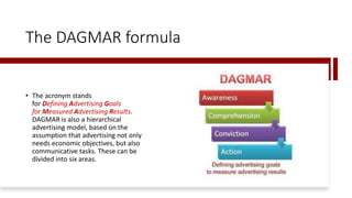 The DAGMAR formula
• The acronym stands
for Defining Advertising Goals
for Measured Advertising Results.
DAGMAR is also a hierarchical
advertising model, based on the
assumption that advertising not only
needs economic objectives, but also
communicative tasks. These can be
divided into six areas.
 