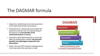 The DAGMAR formula
• Awareness: advertising must create awareness
of the advertised brands and products.
• Comprehension: advertising must provide the
potential customer with an understanding of
the features and the benefits of the
advertised product or service.
• Conviction: good advertising has a convincing
effect by showing the customer the personal
benefits and advantages compared to the
alternatives.
• Action: the end of the decision-making process
is the step where the purchase is made.
 