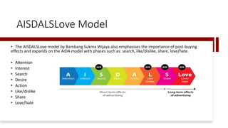 AISDALSLove Model
• The AISDALSLove model by Bambang Sukma Wijaya also emphasises the importance of post-buying
effects and expands on the AIDA model with phases such as: search, like/dislike, share, love/hate.
• Attention
• Interest
• Search
• Desire
• Action
• Like/dislike
• Share
• Love/hate
 