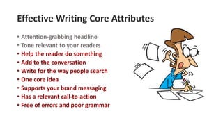 Effective Writing Core Attributes
• Attention-grabbing headline
• Tone relevant to your readers
• Help the reader do something
• Add to the conversation
• Write for the way people search
• One core idea
• Supports your brand messaging
• Has a relevant call-to-action
• Free of errors and poor grammar
 