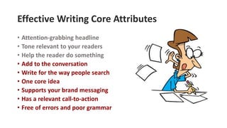 Effective Writing Core Attributes
• Attention-grabbing headline
• Tone relevant to your readers
• Help the reader do something
• Add to the conversation
• Write for the way people search
• One core idea
• Supports your brand messaging
• Has a relevant call-to-action
• Free of errors and poor grammar
 