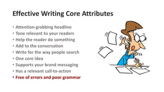 Effective Writing Core Attributes
• Attention-grabbing headline
• Tone relevant to your readers
• Help the reader do something
• Add to the conversation
• Write for the way people search
• One core idea
• Supports your brand messaging
• Has a relevant call-to-action
• Free of errors and poor grammar
 