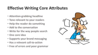 Effective Writing Core Attributes
• Attention-grabbing headline
• Tone relevant to your readers
• Help the reader do something
• Add to the conversation
• Write for the way people search
• One core idea
• Supports your brand messaging
• Has a relevant call-to-action
• Free of errors and poor grammar
 