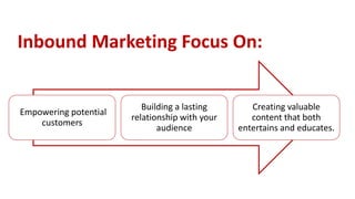 Inbound Marketing Focus On:
Empowering potential
customers
Building a lasting
relationship with your
audience
Creating valuable
content that both
entertains and educates.
 