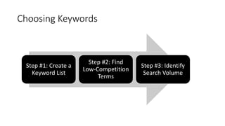 Choosing Keywords
Step #1: Create a
Keyword List
Step #2: Find
Low-Competition
Terms
Step #3: Identify
Search Volume
 