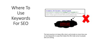 Where To
Use
Keywords
For SEO
The best practice is to keep URLs short, and include no more than one
or two keywords in a way that makes the URL make sense to people
who are visiting.
As before, avoid
keyword stuffing
 