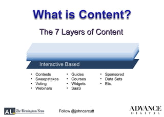 Follow @johncarcutt
The 7 Layers of ContentThe 7 Layers of Content
Interactive Based
DocumentsSoftwareAudioVideo
• Contests
• Sweepstakes
• Voting
• Webinars
• Guides
• Courses
• Widgets
• SaaS
• Sponsored
• Data Sets
• Etc.
 