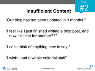 Insufficient Content
"Our blog has not been updated in 3 months."
"I feel like I just finished writing a blog post, and
now it's time for another??"
"I can't think of anything new to say."
"I wish I had a whole editorial staff"
Problem
#2
#ContentWorks
 