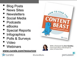 • Blog Posts
• News Sites
• Newsletters
• Social Media
• Podcasts
• eBooks
• Special Reports
• Infographics
• Polls & Surveys
• Video
• Webinars
#ContentWorks
www.curata.com/resources
 