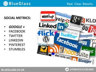 BLUEGLASS.CO.UK
SOCIAL METRICS:
• GOOGLE +
• FACEBOOK
• TWITTER
• LINKEDIN
• PINTEREST
• STUMBLES
 