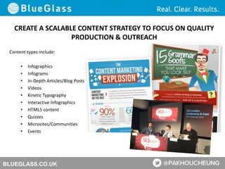 BLUEGLASS.CO.UK
CREATE A SCALABLE CONTENT STRATEGY TO FOCUS ON QUALITY
PRODUCTION & OUTREACH
Content types include:
• Infographics
• Infograms
• In-Depth Articles/Blog Posts
• Videos
• Kinetic Typography
• Interactive Infographics
• HTML5 content
• Quizzes
• Microsites/Communities
• Events
 