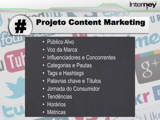 Projeto Content Marketing
#
• Público Alvo
• Voz da Marca
• Influenciadores e Concorrentes
• Categorias e Pautas
• Tags e Hashtags
• Palavras chave e Títulos
• Jornada do Consumidor
• Tendências
• Horários
• Métricas
 