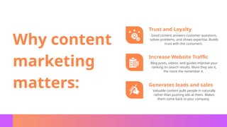 Trust and Loyalty
Increase Website Traffic
Generates leads and sales
Good content answers customer questions,
solves problems, and shows expertise. Builds
trust with the customers.
Blog posts, videos, and guides improve your
ranking on search results. More they see it,
the more the remember it.
Valuable content pulls people in naturally
rather than pushing ads at them. Makes
them come back to your company.
Why content
marketing
matters:
 