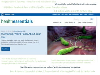1.6 Million Facebook fans – 65% of traffic comes from Facebook
3.2 million visits a month to their blog
Post 6 times a day on Facebook, 7 Days – 99% of it driving traffic back to health hub
Syndicate content to partners – creating content that’s
also useful for partners to share on their websites
They don’t share all content on all channels
Instead choose right channel and time for the audiences
engaging with particular content
Bring back content repeatedly – refreshed -Make most of every piece
 