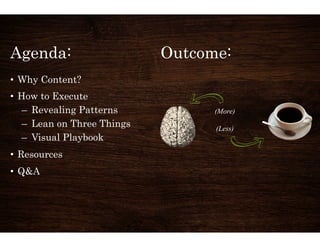 Agenda: 
• Why Content? 
• How to Execute 
– Revealing Patterns 
– Lean on Three Things 
– Visual Playbook 
• Resources 
• Q&A 
Outcome: 
(More) 
(Less) 
 