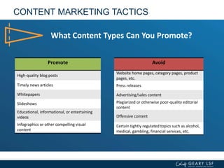 CONTENT MARKETING TACTICS
Promote
High-quality blog posts
Timely news articles
Whitepapers
Slideshows
Educational, informational, or entertaining
videos
Infographics or other compelling visual
content
Avoid
Website home pages, category pages, product
pages, etc.
Press releases
Advertising/sales content
Plagiarized or otherwise poor-quality editorial
content
Offensive content
Certain tightly regulated topics such as alcohol,
medical, gambling, financial services, etc.
What Content Types Can You Promote?
 