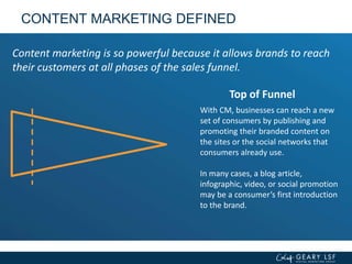 Content marketing is so powerful because it allows brands to reach
their customers at all phases of the sales funnel.
CONTENT MARKETING DEFINED
With CM, businesses can reach a new
set of consumers by publishing and
promoting their branded content on
the sites or the social networks that
consumers already use.
In many cases, a blog article,
infographic, video, or social promotion
may be a consumer’s first introduction
to the brand.
Top of Funnel
 