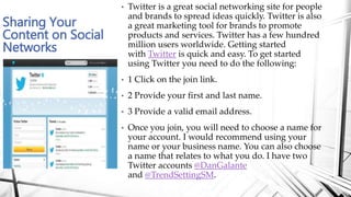 • Twitter is a great social networking site for people
and brands to spread ideas quickly. Twitter is also
a great marketi...