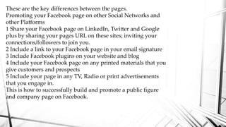 These are the key differences between the pages.
Promoting your Facebook page on other Social Networks and
other Platforms...