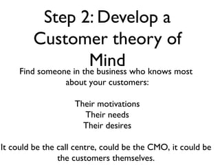 Step 2: Develop a
         Customer theory of
                       Mind who knows most
     Find someone in the business
                 about your customers:

                    Their motivations
                      Their needs
                      Their desires

It could be the call centre, could be the CMO, it could be
                the customers themselves.
 