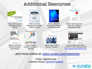 eBook: Look Book
Content Curation
Case Studies
eBook: 5 Steps to
Becoming a Content
Curation Rockstar
…and more online at: www.curata.com/resources
Industry Resource & News:
Content Curation Marketing Site
www.contentcurationmarketing.com
eBook: Content
Marketing Done Right:
Ethical Curation
eBook: Open & Shut
Case for Curation
Guide: Content
Curation Annotation
Methods
Twitter: @GetCurata
LinkedIn Group: Content Curators
eBook: Stop Egocentric
Marketing: Content
Marketing Strategy
Additional Resources
eBook: 2014 Content
Marketing Tactics
Planner
 