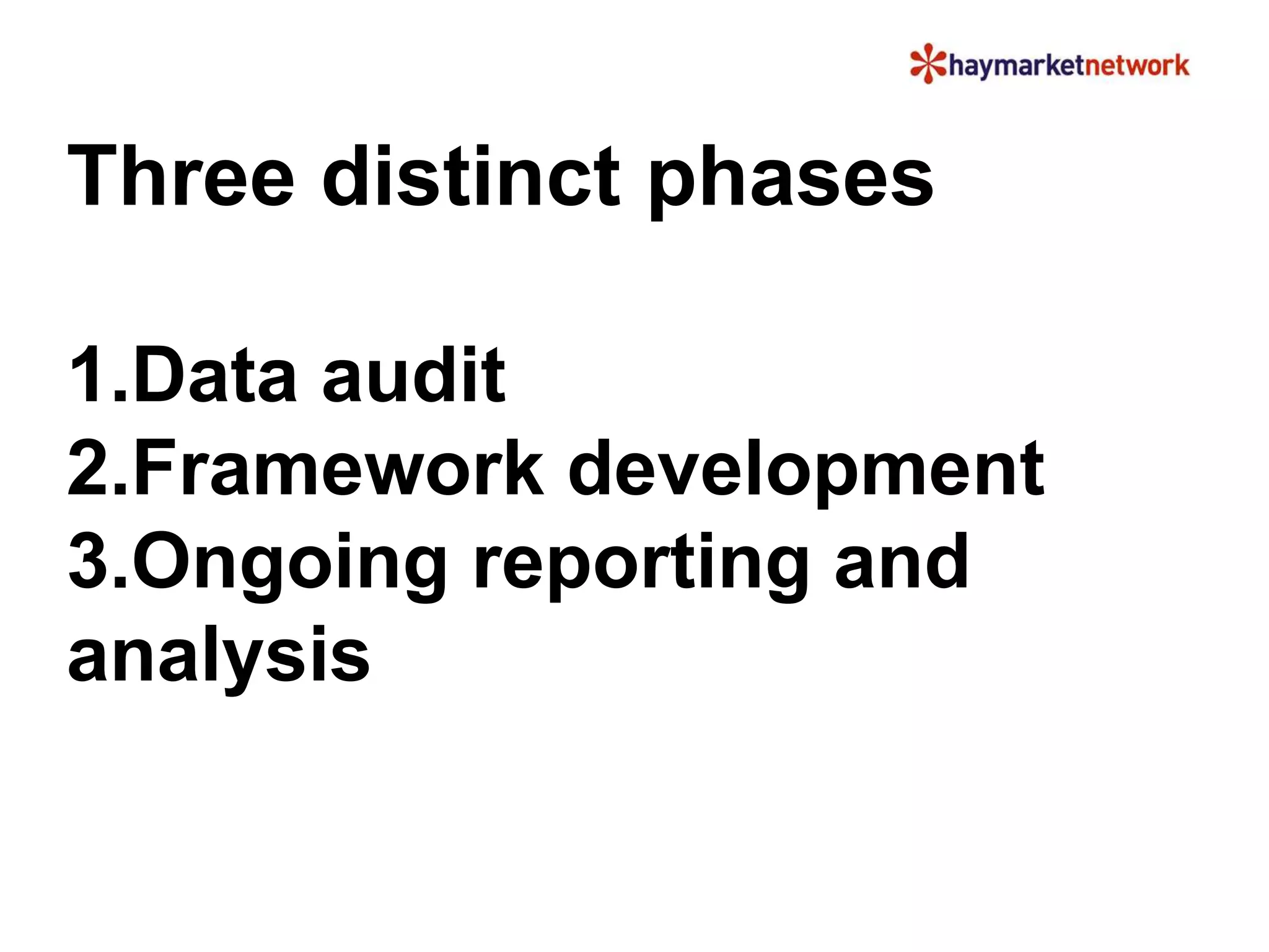 Three distinct phases 
1.Data audit 
2.Framework development 
3.Ongoing reporting and 
analysis 
 