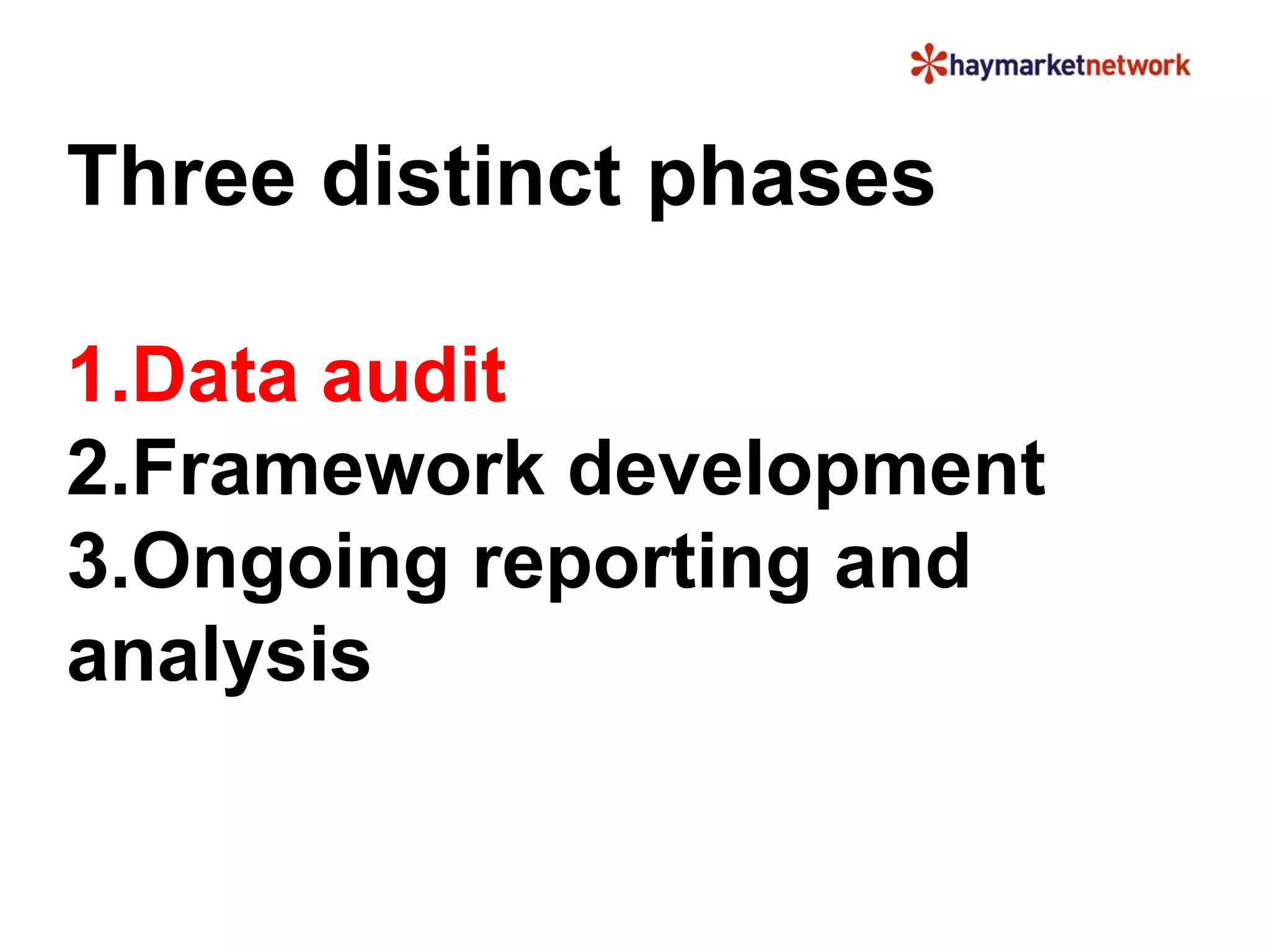 Three distinct phases 
1.Data audit 
2.Framework development 
3.Ongoing reporting and 
analysis 
 