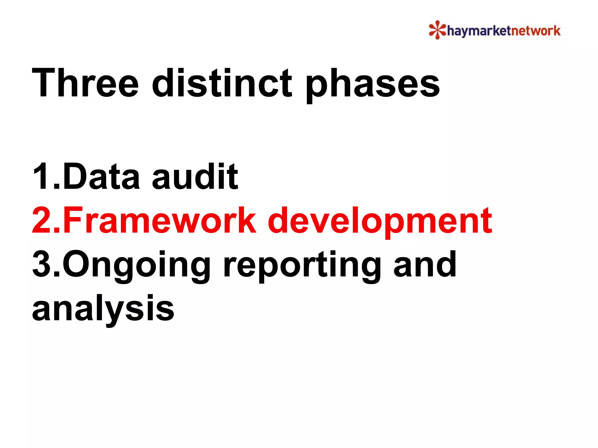 Three distinct phases 
1.Data audit 
2.Framework development 
3.Ongoing reporting and 
analysis 
 