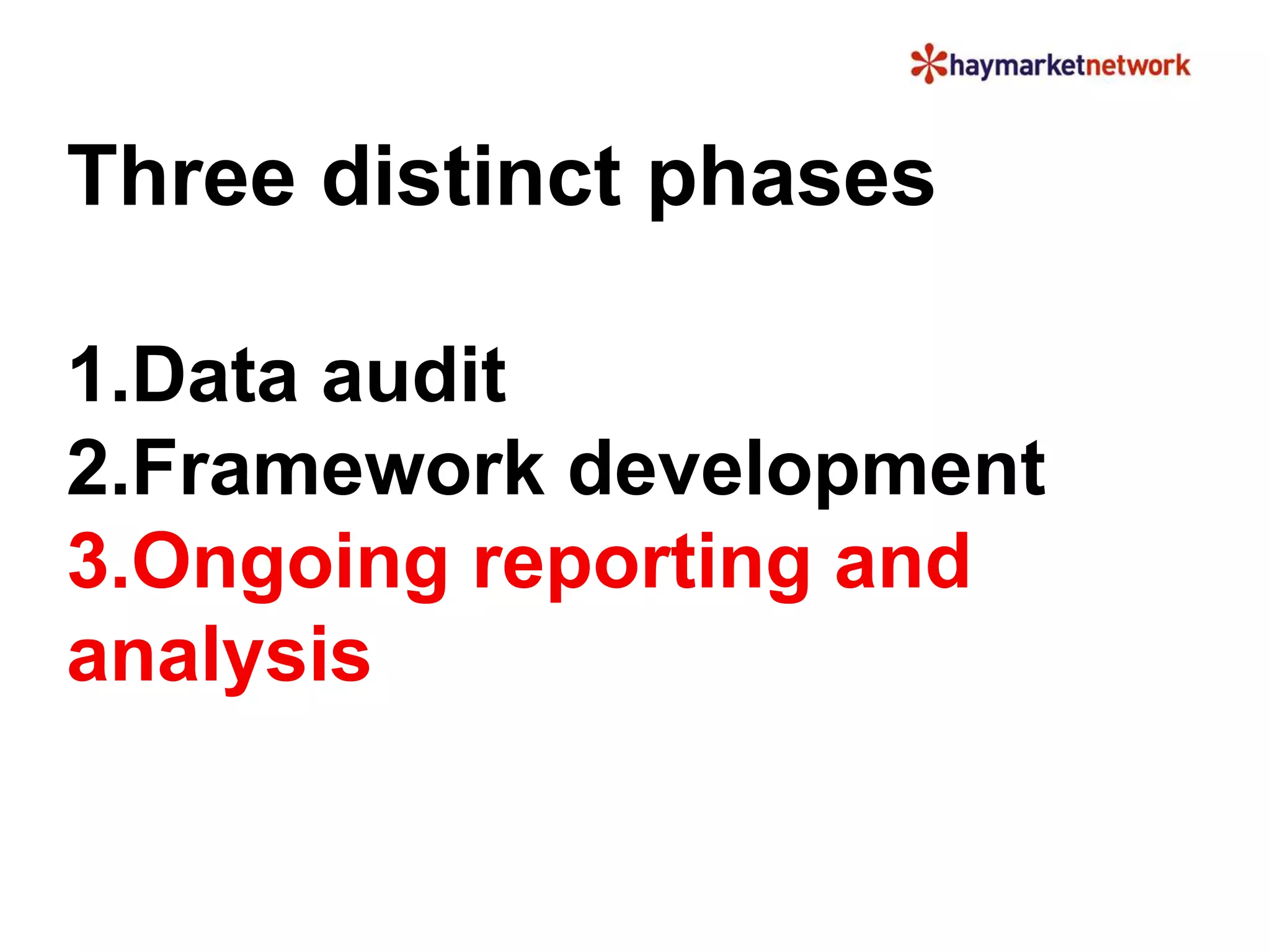 Three distinct phases 
1.Data audit 
2.Framework development 
3.Ongoing reporting and 
analysis 
 