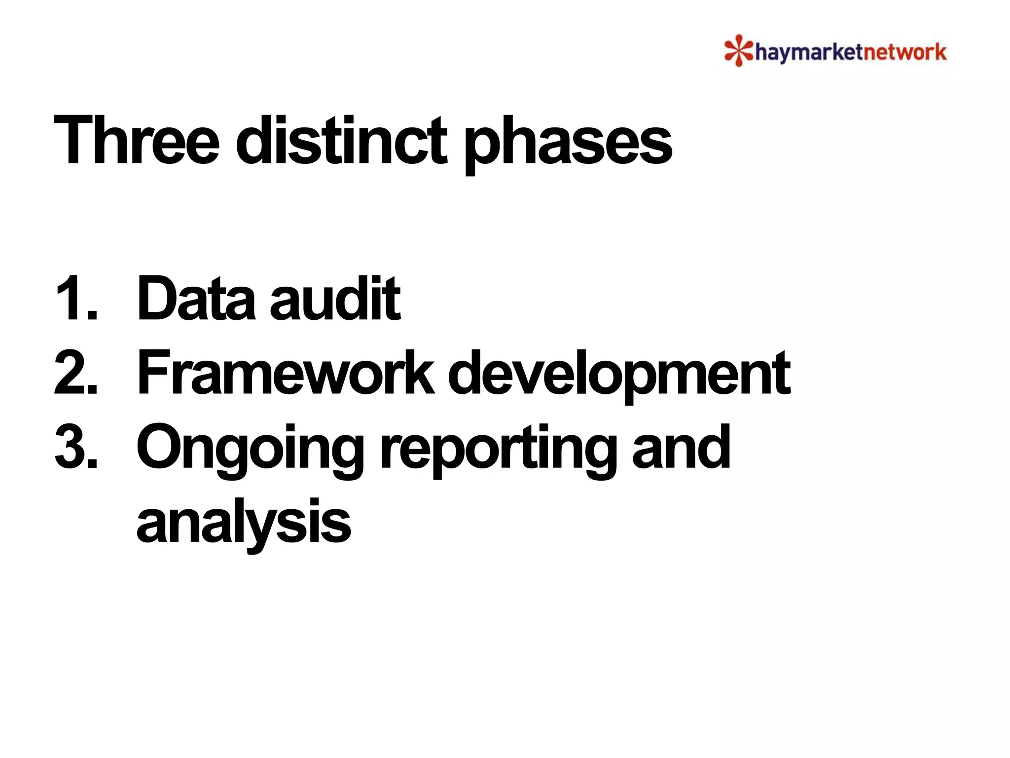 Three distinct phases
1. Data audit
2. Framework development
3. Ongoing reporting and
analysis
 