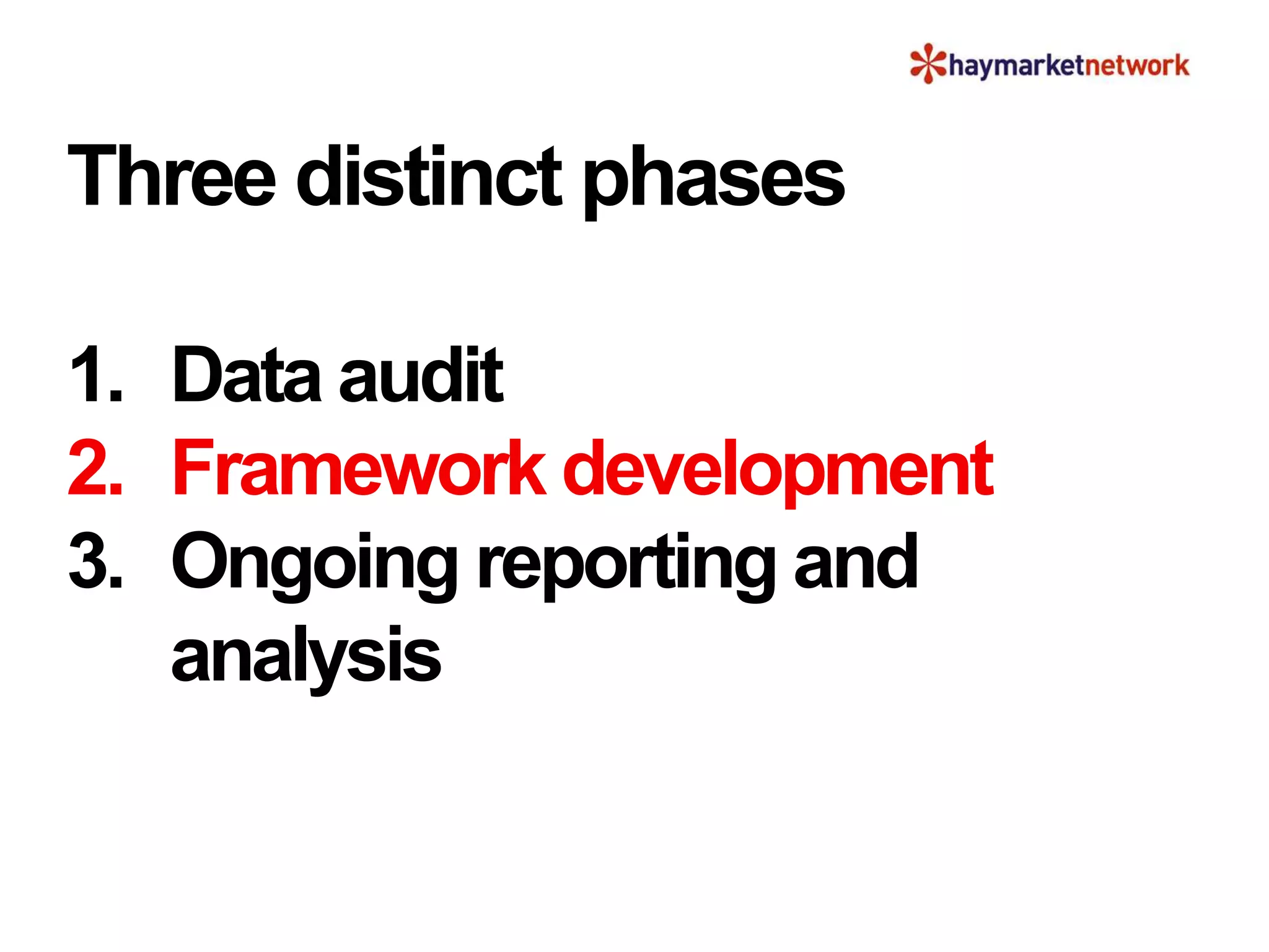 Three distinct phases
1. Data audit
2. Framework development
3. Ongoing reporting and
analysis
 