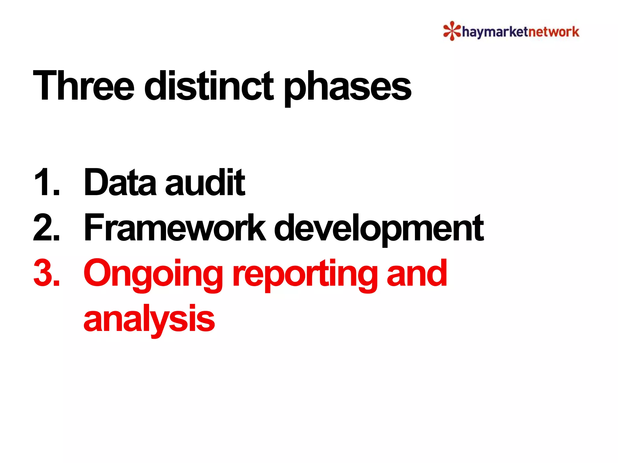 Three distinct phases
1. Data audit
2. Framework development
3. Ongoing reporting and
analysis
 