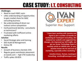 CASE STUDY: I.T. CONSULTING
WWW.AGENT-CY.COM
"I have been working with Jasmine and
Agent-cy for a number of months on
marketing for IvanExpert Consulting. She
analyzed our website and suggested key
changes, she improved our SEO traffic, she
got our Senior Technology Expert a
monthly article at eWEEK.com. In sum,
Jasmine knows the ins and outs of
marketing, especially online marketing."
-Caroline Green, Partner, IvanExpert
Consulting. caroline@ivanexpert.com
Challenges
• Need to reach MAC users
• Little understanding of opportunities
to gain market share for MAC
consulting business
• No understanding of direct nor
indirect online competition
• Confused brand identity : consultants
or technicians?
• Frustrated with inefficient online
marketing efforts
Solution
• Social Strategic plan and training
• SEO Audit & Management
• Online PR
Results
• Growth of business clientele 25%
• Regular guest contributor placement
at eweek.com – high CTO readership
• Traffic spikes 50-85%
 