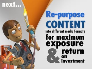 Re-purpose your content into different media
formats for maximum exposure and return on
investment:
 