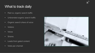 What to track daily
•  Paid vs. organic search traﬃc
•  Unbranded organic search traﬃc
•  Organic search share of voice
• ...