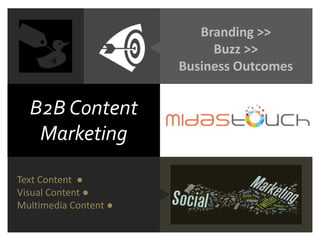 B2B Content
Marketing
Branding >>
Buzz >>
Business Outcomes
Text Content ●
Visual Content ●
Multimedia Content ●
 