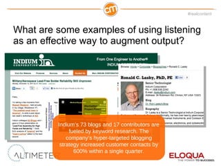 What are some examples of using listening as an effective way to augment output? Indium ’s 73 blogs and 17 contributors are fueled by keyword research. The company’s hyper-targeted blogging strategy increased customer contacts by 600% within a single quarter. 