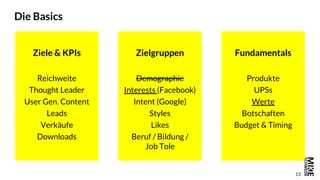 13
Die Basics
Zielgruppen
Demographie
Interests (Facebook)
Intent (Google)
Styles
Likes
Beruf / Bildung /
Job Tole
Ziele & KPIs
Reichweite
Thought Leader
User Gen. Content
Leads
Verkäufe
Downloads
Fundamentals
Produkte
UPSs
Werte
Botschaften
Budget & Timing
 