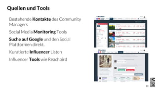 19
Quellen und Tools
Kontakte
Monitoring
Suche auf Google
Influencer
Tools
 
