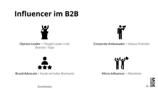 10
Corporate AmbassadorOpinion Leader
Influencer im B2B
Brand Advocate Micro-Influencer
 