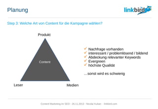 Planung
Step 3: Welche Art von Content für die Kampagne wählen?
Produkt
Leser Medien
 Nachfrage vorhanden
 interessant / problemlösend / bildend
 Abdeckung relevanter Keywords
 Evergreen
 höchste Qualität
…sonst wird es schwierig
Content
Content Marketing im SEO - 26.11.2013 - Nicolai Kuban - linkbird.com
 