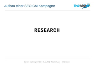 Aufbau einer SEO CM Kampagne
RESEARCH
Content Marketing im SEO - 26.11.2013 - Nicolai Kuban - linkbird.com
 