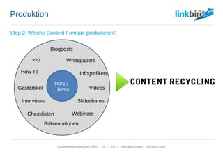 Produktion
Step 2: Welche Content Formate produzieren?
Story /
Thema
Blogposts
Whitepapers
Infografiken
Videos
Slideshares
Webinare
Präsentationen
Checklisten
Interviews
Gastartikel
How To
CONTENT RECYCLING
???
Content Marketing im SEO - 26.11.2013 - Nicolai Kuban - linkbird.com
 
