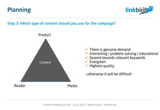 Step 3: Which type of content should you use for the campaign?
Product
Reader Media
 There is genuine demand
 Interesting / problem-solving / educational
 Geared towards relevant keywords
 Evergreen
 Highest quality
…otherwise it will be difficult
Content
Content Marketing in SEO - 26.11.2013 - Nicolai Kuban - linkbird.com
Planning
 