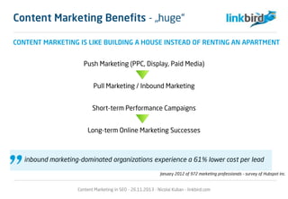 Content Marketing Benefits - „huge“
CONTENT MARKETING IS LIKE BUILDING A HOUSE INSTEAD OF RENTING AN APARTMENT
Push Marketing (PPC, Display, Paid Media)
Pull Marketing / Inbound Marketing
Short-term Performance Campaigns
Long-term Online Marketing Successes
inbound marketing-dominated organizations experience a 61% lower cost per lead
January 2012 of 972 marketing professionals – survey of Hubspot inc.
Content Marketing in SEO - 26.11.2013 - Nicolai Kuban - linkbird.com
 