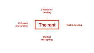 Championhunting

Upheaval
interpreting

The rant
Market
disrupting

Inertia-busting

 