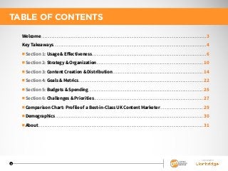 Welcome .................................................................................................................................................................3
Key Takeaways.....................................................................................................................................................4
■ Section 1: Usage & Effectiveness................................................................................................................6
■ Section 2: Strategy & Organization........................................................................................................10
■ Section 3: Content Creation & Distribution.........................................................................................14
■ Section 4: Goals & Metrics..........................................................................................................................22
■ Section 5: Budgets & Spending................................................................................................................25
■ Section 6: Challenges & Priorities...........................................................................................................27
■ Comparison Chart: Profile of a Best-in-Class UK Content Marketer..........................................29
■ Demographics ................................................................................................................................................30
■ About.................................................................................................................................................................31
TABLE OF CONTENTS
SPONSORED BY
2
 